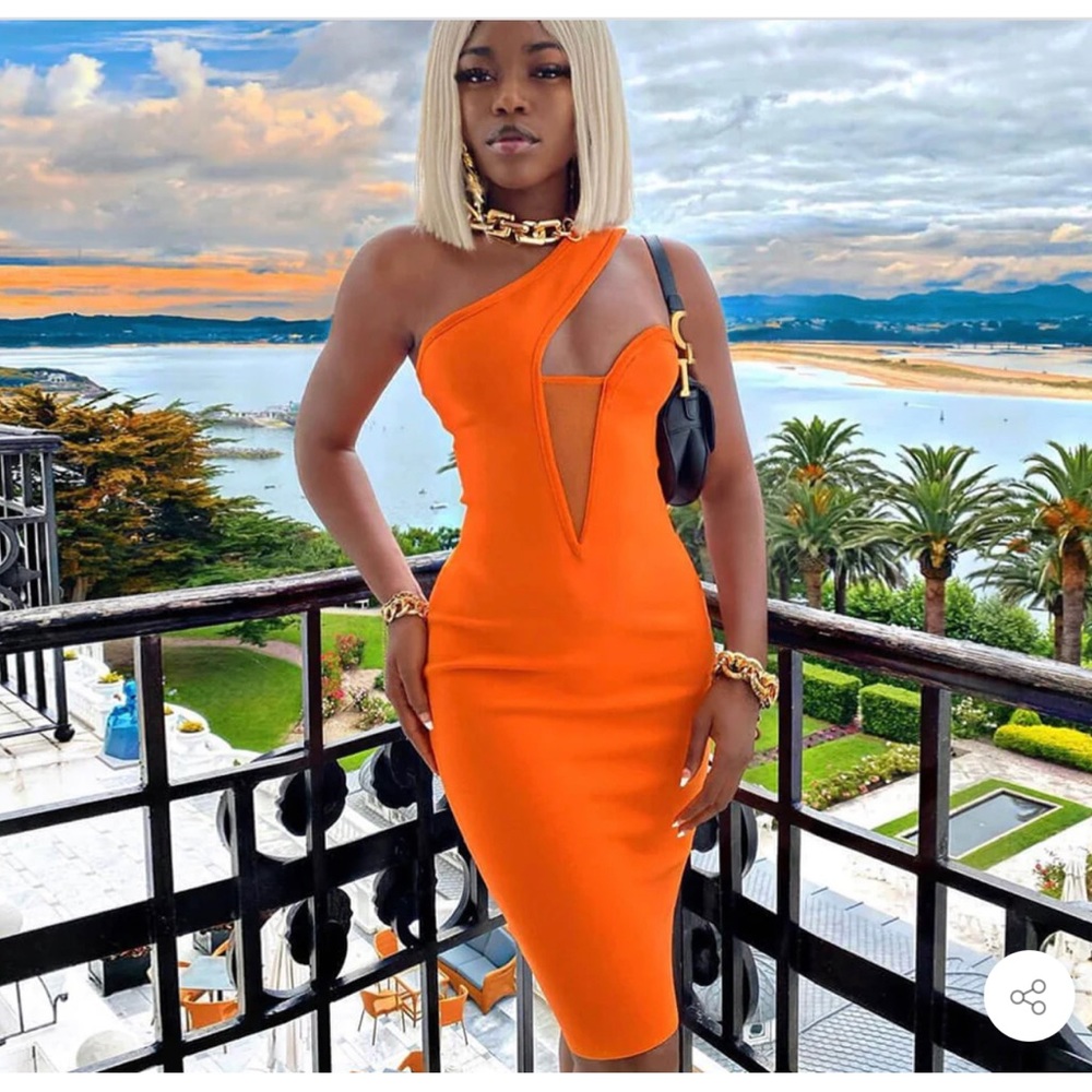 SLEEVELESS ONE SHOULDER MESH PANEL BODYCON BANDAGE MIDI DRESS - BURNT ORANGE